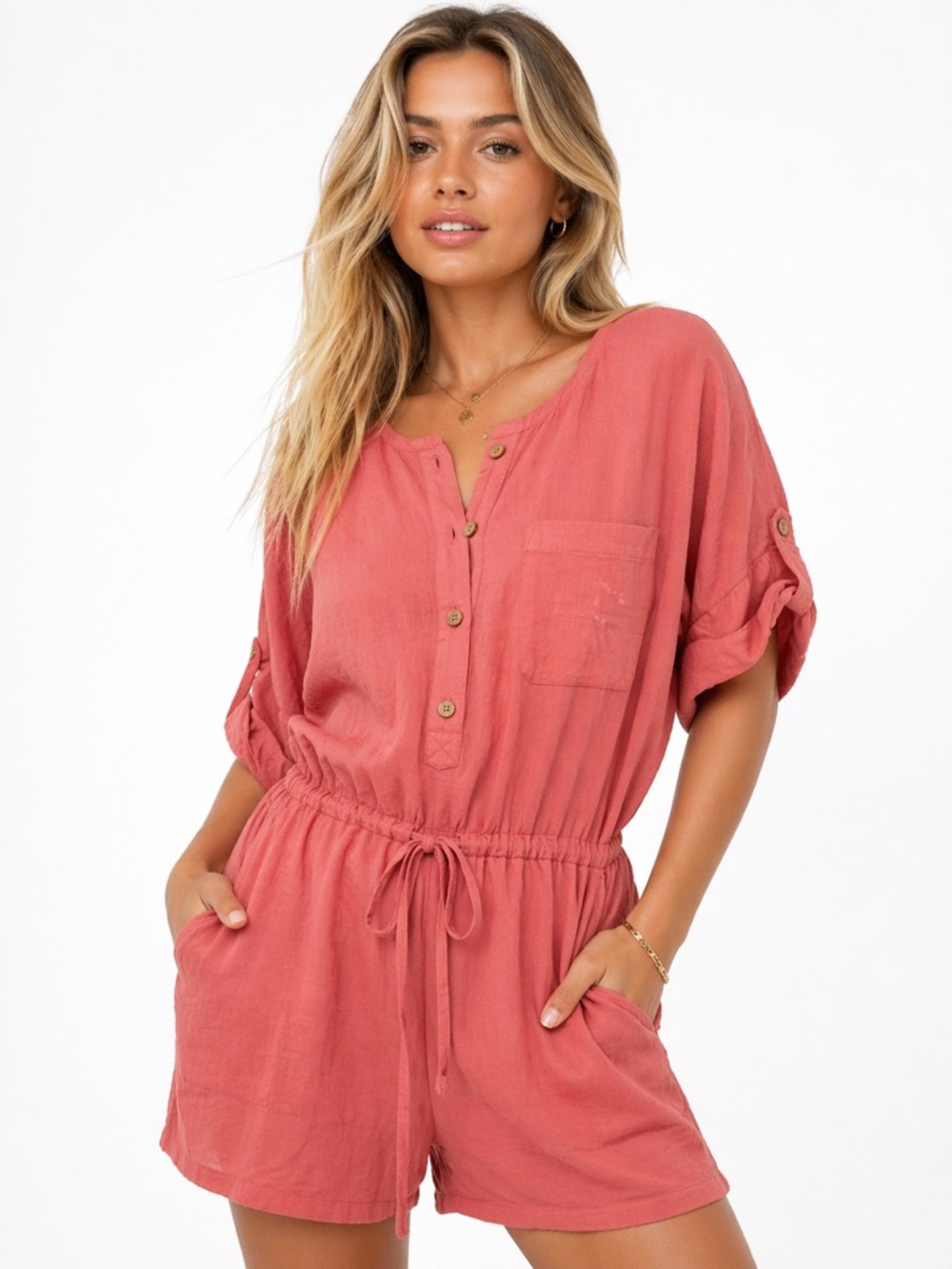 Easel Size Small Oversized Boutique Women's Coral Button-Up Romper